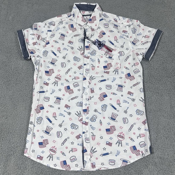 Free Planet USA 4th Of July Fireworks America Button Up Cotton Shirt Small NWT - Picture 2 of 8